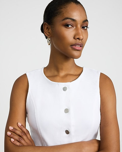 Stretch Denim Crew Neck Button Front Mini Dress
