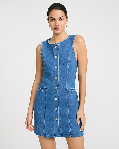 Stretch Denim Crew Neck Button Front Mini Dress