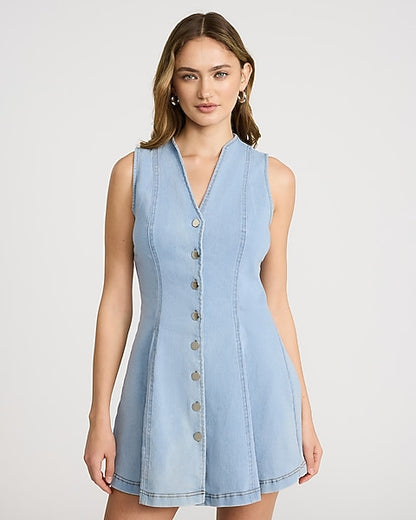 Stretch Denim V-Neck Sleeveless Button Front Mini Dress