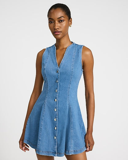 Stretch Denim V-Neck Sleeveless Button Front Mini Dress