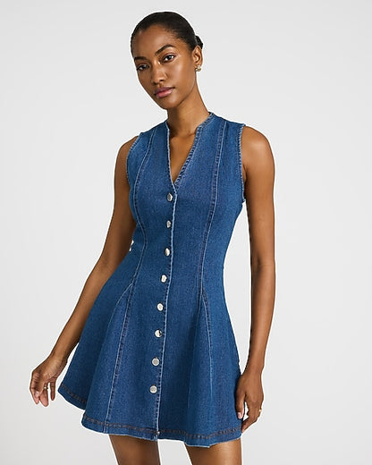Stretch Denim V-Neck Sleeveless Button Front Mini Dress