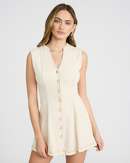 Stretch Denim V-Neck Sleeveless Button Front Mini Dress