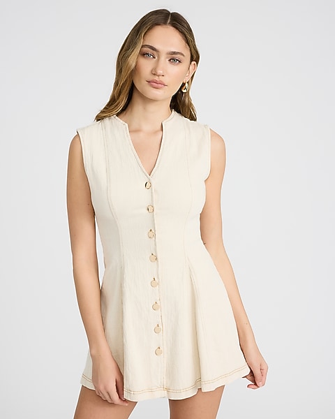Stretch Denim V-Neck Sleeveless Button Front Mini Dress