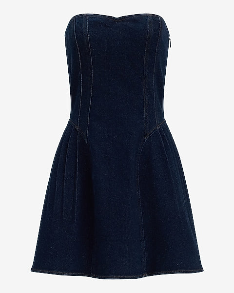 Stretch Denim Strapless Drop Waist Pintuck Mini Dress with Pockets - Dark Wash