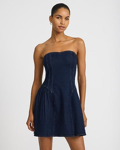 Stretch Denim Strapless Drop Waist Pintuck Mini Dress with Pockets - Dark Wash