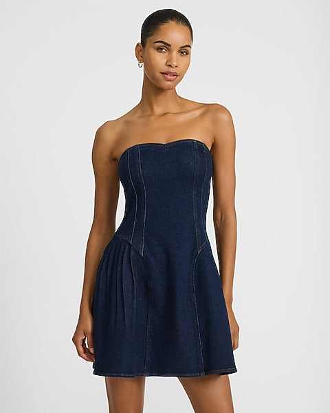 Stretch Denim Strapless Drop Waist Pintuck Mini Dress with Pockets - Dark Wash