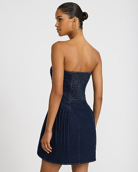 Stretch Denim Strapless Drop Waist Pintuck Mini Dress with Pockets - Dark Wash