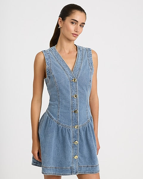 Stretch Denim V-Neck Button Front Drop Waist Mini Dress with Pockets - Medium Wash