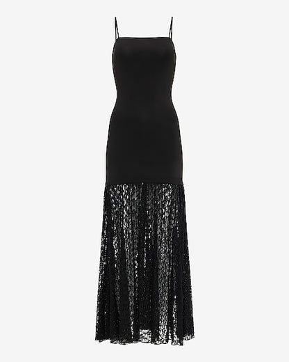 Mixed Media Square Neck Lace Hem Maxi Sheath Dress - Pitch Black