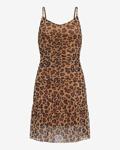 Leopard Mesh V-Neck Ruched Drop Waist Mini Dress - Brown Plaid