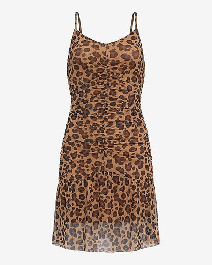 Leopard Mesh V-Neck Ruched Drop Waist Mini Dress - Brown Plaid