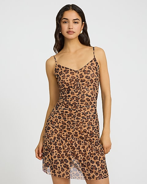 Leopard Mesh V-Neck Ruched Drop Waist Mini Dress - Brown Plaid