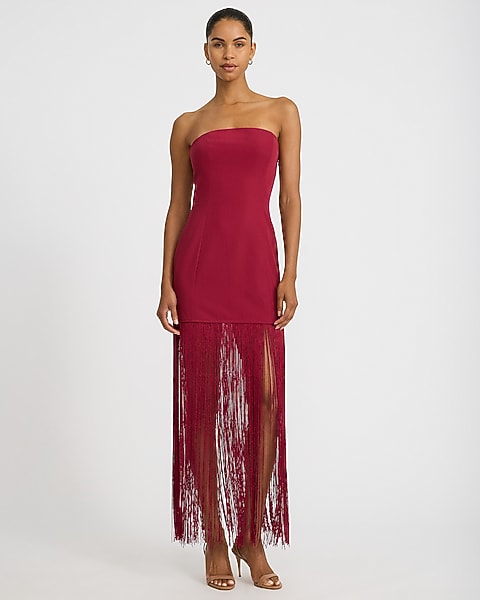 Strapless Fringe Maxi Sheath Dress - RED