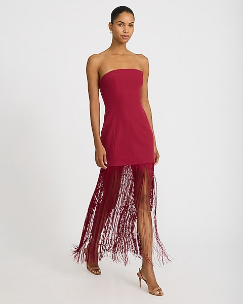 Strapless Fringe Maxi Sheath Dress - RED