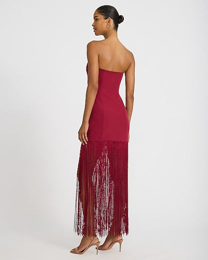 Strapless Fringe Maxi Sheath Dress - RED
