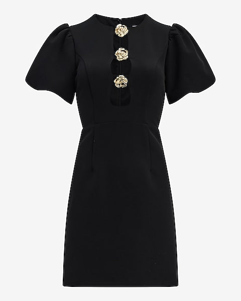 Crew Neck Hardware Keyhole Puff Sleeve Mini Dress