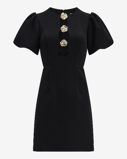 Crew Neck Hardware Keyhole Puff Sleeve Mini Dress
