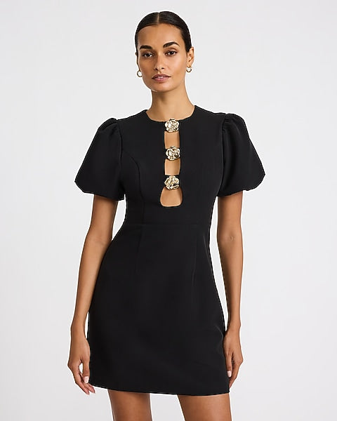 Crew Neck Hardware Keyhole Puff Sleeve Mini Dress