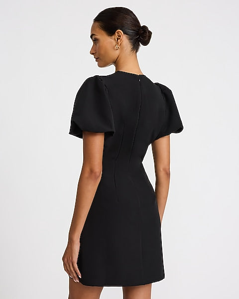 Crew Neck Hardware Keyhole Puff Sleeve Mini Dress