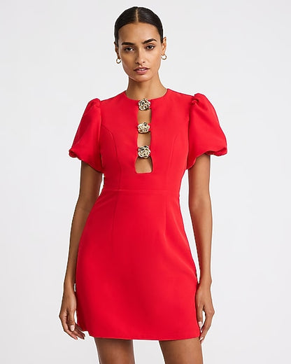 Crew Neck Hardware Keyhole Puff Sleeve Mini Dress