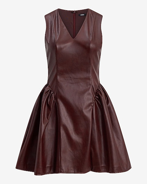 Faux Leather V-Neck Ruched Hip Mini Dress - Maroon
