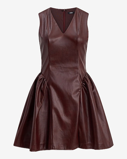 Faux Leather V-Neck Ruched Hip Mini Dress - Maroon
