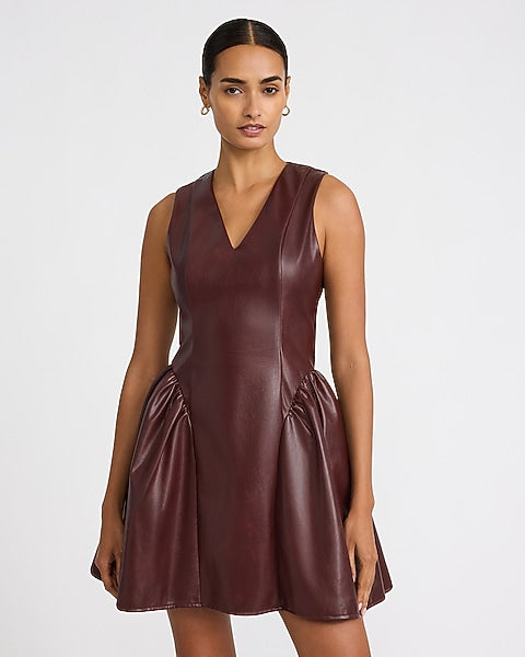 Faux Leather V-Neck Ruched Hip Mini Dress - Maroon