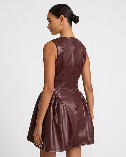 Faux Leather V-Neck Ruched Hip Mini Dress - Maroon