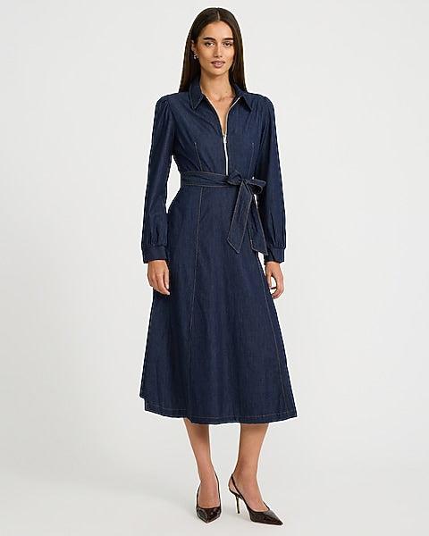 Cotton Denim Collared Zip Front Belted Midi Dress - Dark Denim