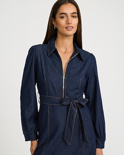 Cotton Denim Collared Zip Front Belted Midi Dress - Dark Denim