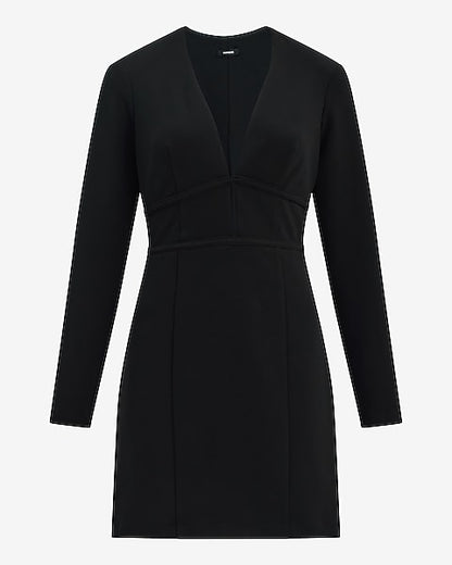 Crepe V-Neck Long Sleeve Keyhole Mini Dress