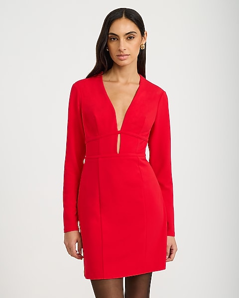 Crepe V-Neck Long Sleeve Keyhole Mini Dress