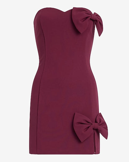 Crepe Strapless Sweetheart Bow Mini Sheath Dress