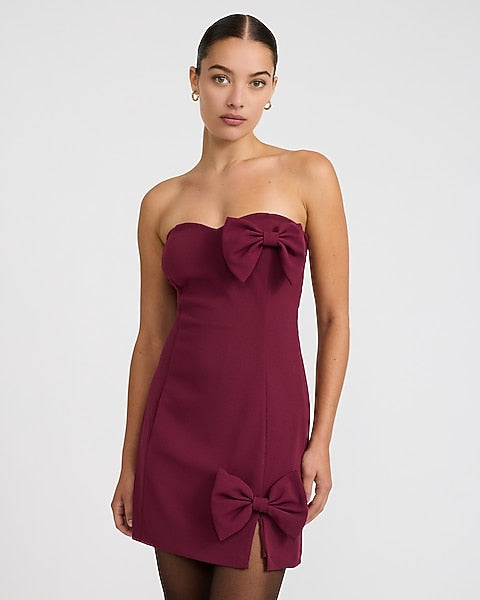 Crepe Strapless Sweetheart Bow Mini Sheath Dress