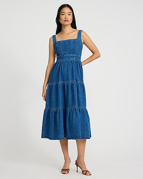Stretch Denim Square Neck Sleeveless Tiered Smocked Back Midi Dress - Medium Wash