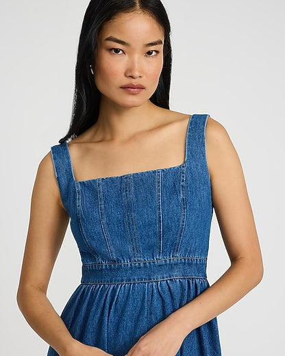 Stretch Denim Square Neck Sleeveless Tiered Smocked Back Midi Dress - Medium Wash