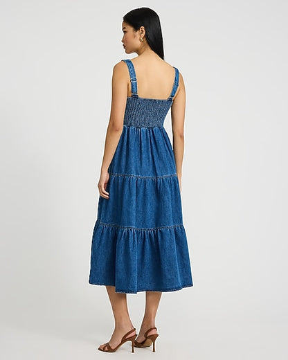 Stretch Denim Square Neck Sleeveless Tiered Smocked Back Midi Dress - Medium Wash