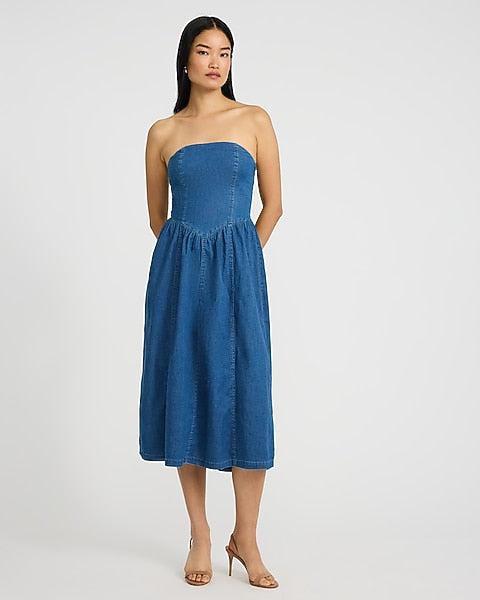 Denim Strapless Dipped Waist Smocked Back Midi Dress - Medium Wash