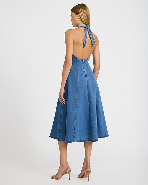 Stretch Denim Halter V-Neck Midi Fit and Flare Dress - Medium Wash