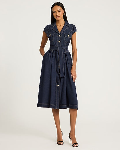 Stretch Denim Cap Sleeve Button Front Belted Midi Dress with Pockets