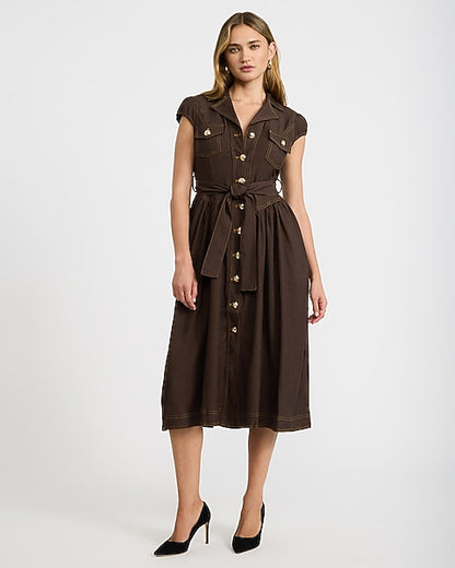 Stretch Denim Cap Sleeve Button Front Belted Midi Dress with Pockets