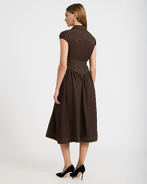 Stretch Denim Cap Sleeve Button Front Belted Midi Dress with Pockets