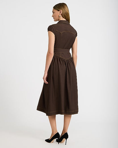 Stretch Denim Cap Sleeve Button Front Belted Midi Dress with Pockets