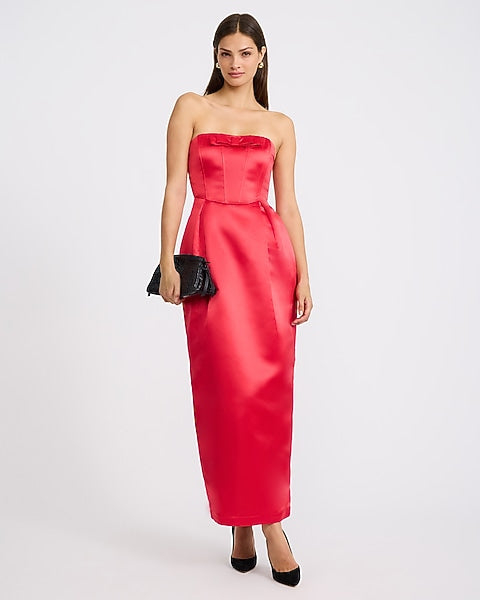 Satin Bow Strapless Maxi Tube Dress - RED