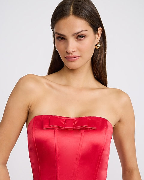 Satin Bow Strapless Maxi Tube Dress - RED