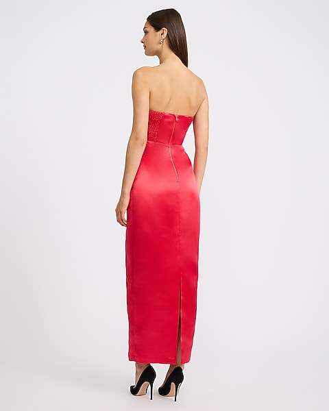 Satin Bow Strapless Maxi Tube Dress - RED