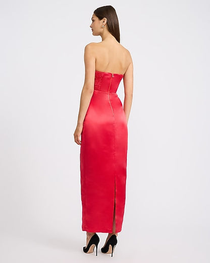 Satin Bow Strapless Maxi Tube Dress - RED