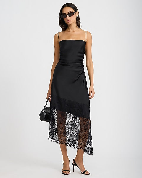 Satin Lace Trim Asymmetrical Midi Dress - Pitch Black