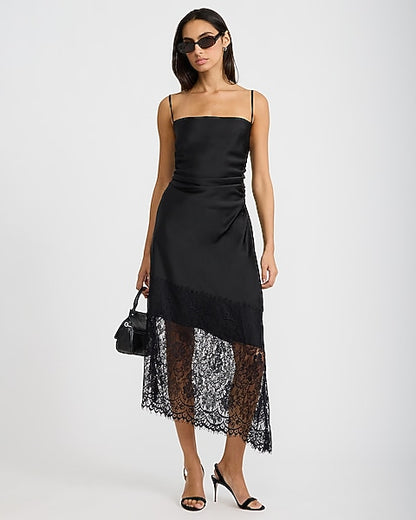 Satin Lace Trim Asymmetrical Midi Dress - Pitch Black