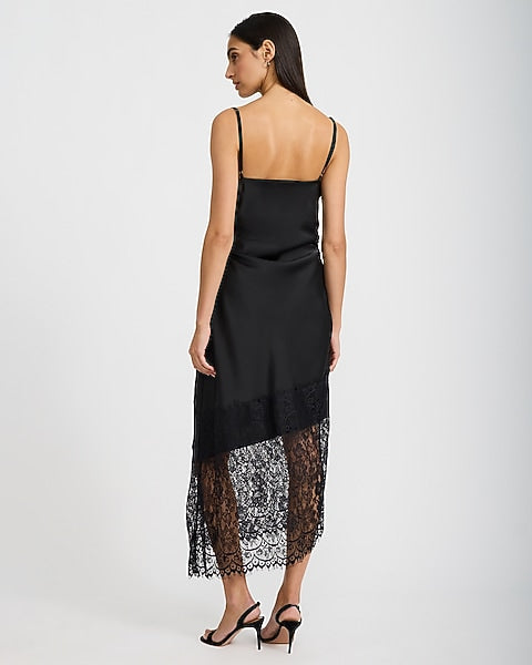 Satin Lace Trim Asymmetrical Midi Dress - Pitch Black